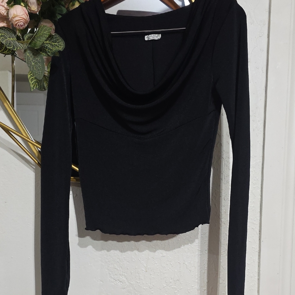 Free People Black Draped Cowl-Neck Long Sleeve Top